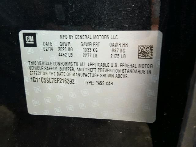 1G11C5SL7EF216392 - 2014 CHEVROLET MALIBU 1LT BLACK photo 10