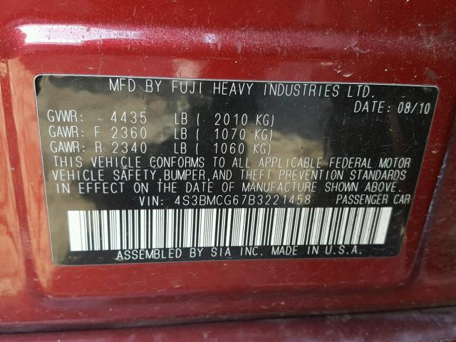 4S3BMCG67B3221458 - 2011 SUBARU LEGACY 2.5 RED photo 10