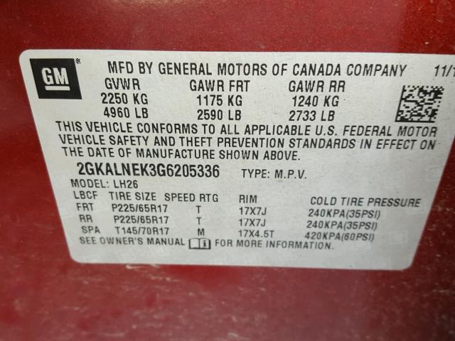 2GKALNEK3G6205336 - 2016 GMC TERRAIN SL RED photo 10