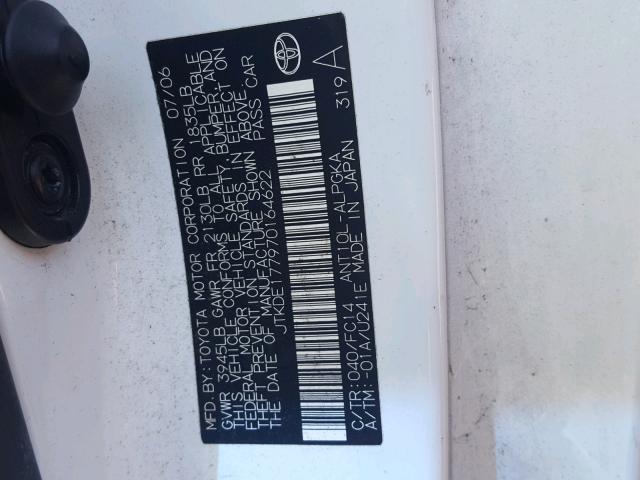 JTKDE177970164622 - 2007 TOYOTA SCION TC 白色 照片 10