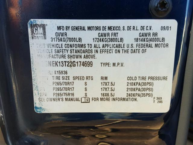 3GNEK13T22G174699 - 2002 CHEVROLET AVALANCHE BLUE photo 10