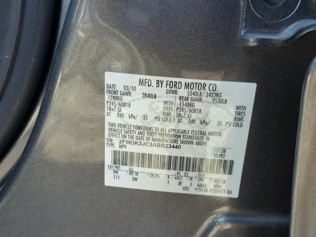 2FMDK3JC3ABB23440 - 2010 FORD EDGE SEL GRAY photo 10