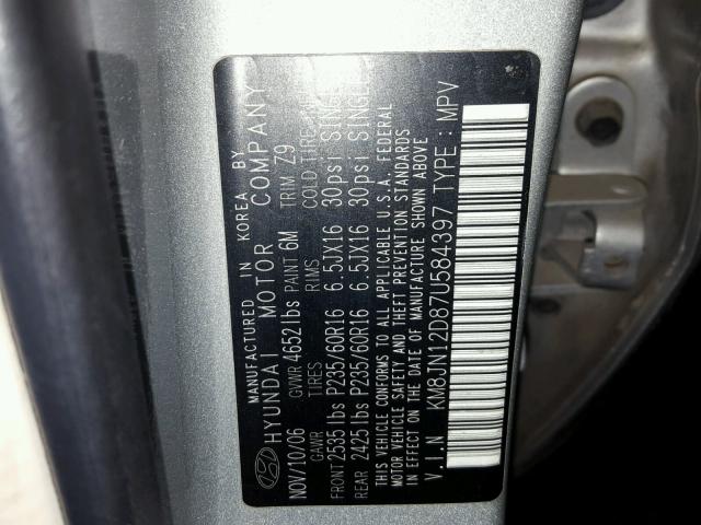 KM8JN12D87U584397 - 2007 HYUNDAI TUCSON SE SILVER photo 10