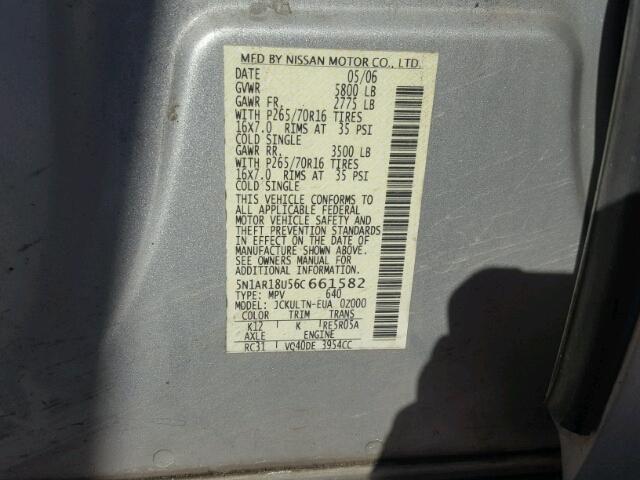 5N1AR18U56C661582 - 2006 NISSAN PATHFINDER SILVER photo 10