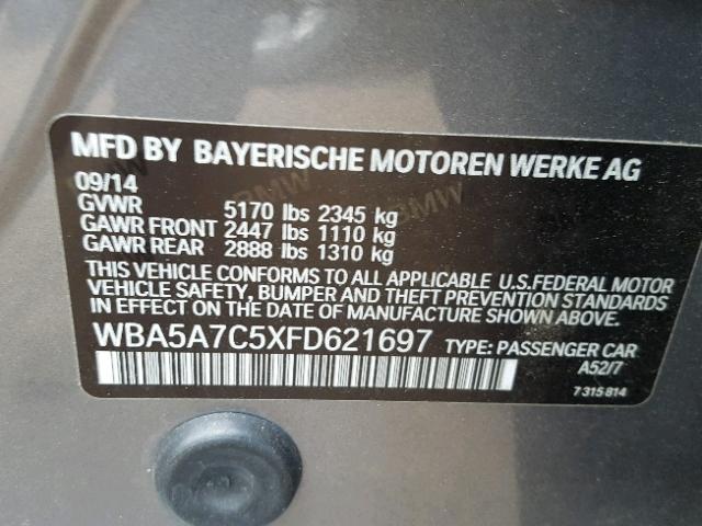 WBA5A7C5XFD621697 - 2015 BMW 528 XI GRAY photo 10