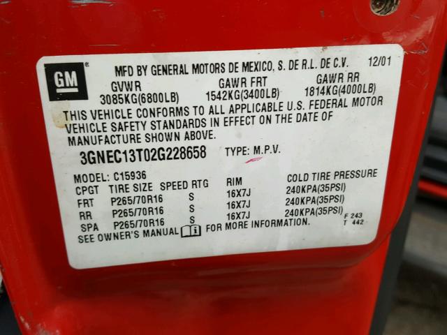 3GNEC13T02G228658 - 2002 CHEVROLET AVALANCHE RED photo 10