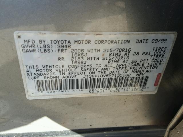 JT3HP10V5Y7155182 - 2000 TOYOTA RAV4 GRAY photo 10