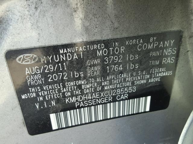 KMHDH4AEXCU285553 - 2012 HYUNDAI ELANTRA GL SILVER photo 10