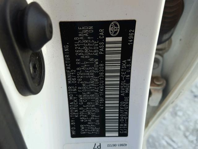 4T1BF1FK6CU136308 - 2012 TOYOTA CAMRY BASE WHITE photo 10