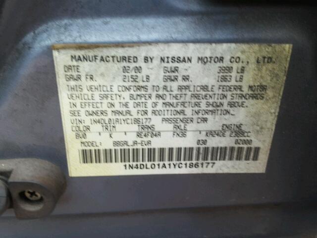 1N4DL01A1YC186177 - 2000 NISSAN ALTIMA XE BLUE photo 10