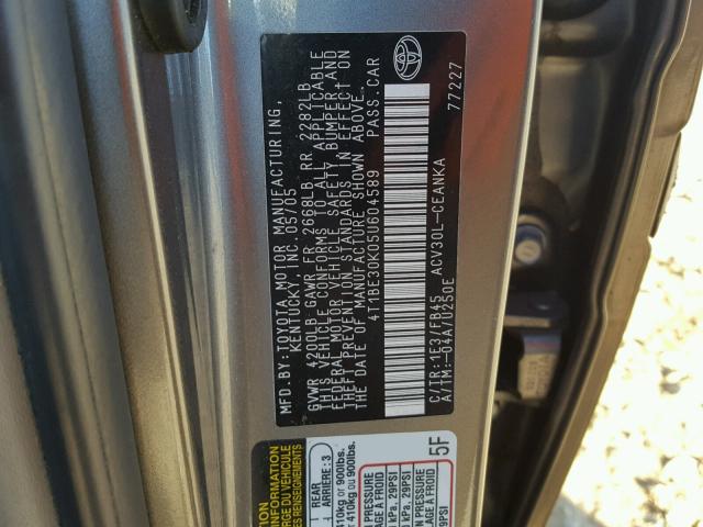 4T1BE30K05U604589 - 2005 TOYOTA CAMRY LE 灰色 照片 10