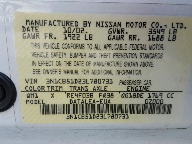 3N1CB51D23L780731 - 2003 NISSAN SENTRA XE WHITE photo 10