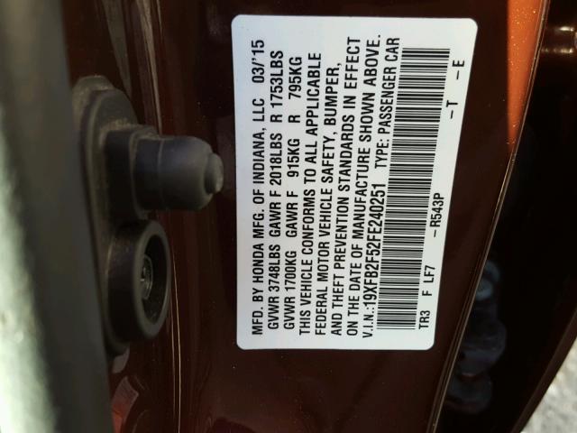 19XFB2F52FE240251 - 2015 HONDA CIVIC LX MAROON photo 10