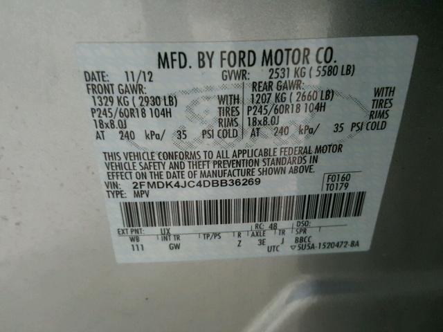 2FMDK4JC4DBB36269 - 2013 FORD EDGE SEL SILVER photo 10