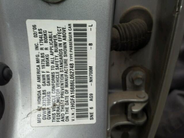 1HGFA16886L062748 - 2006 HONDA CIVIC EX SILVER photo 10