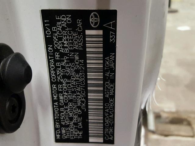 JTKJF5C71C3031214 - 2012 TOYOTA SCION TC 白色 照片 10