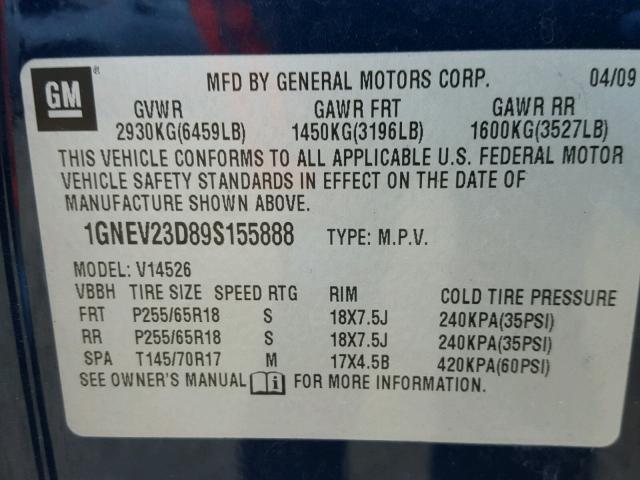 1GNEV23D89S155888 - 2009 CHEVROLET TRAVERSE L BLUE photo 10