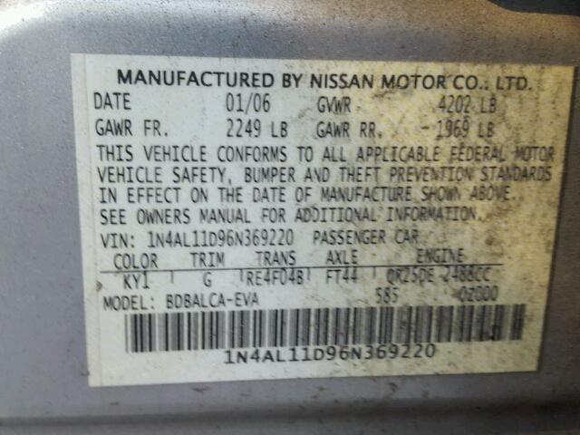 1N4AL11D96N369220 - 2006 NISSAN ALTIMA S GRAY photo 10