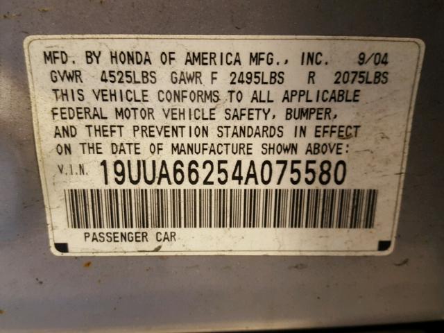 19UUA66254A075580 - 2004 ACURA TL GRAY photo 10