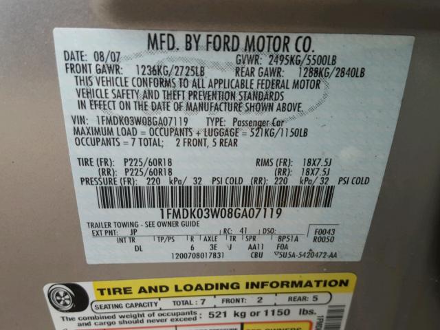 1FMDK03W08GA07119 - 2008 FORD TAURUS X L SILVER photo 10