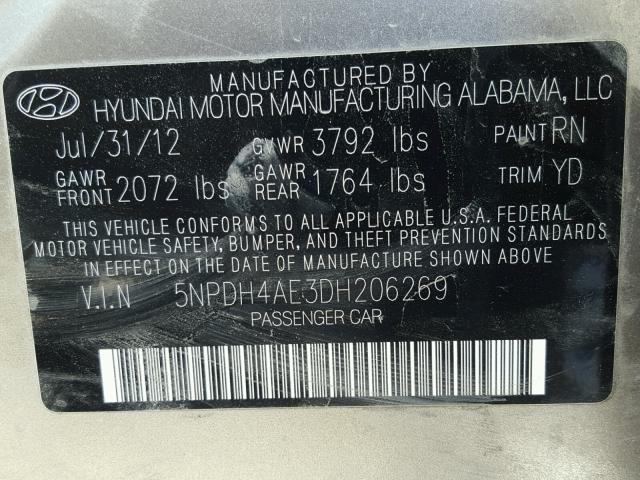 5NPDH4AE3DH206269 - 2013 HYUNDAI ELANTRA GL GRAY photo 10