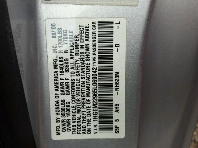 1HGEM22965L069042 - 2005 HONDA CIVIC EX SILVER photo 10