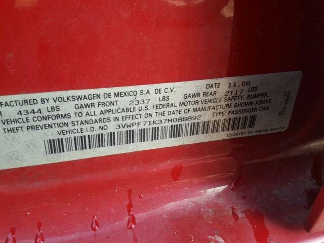 3VWPF71K37M088892 - 2007 VOLKSWAGEN JETTA 2.5 RED photo 10