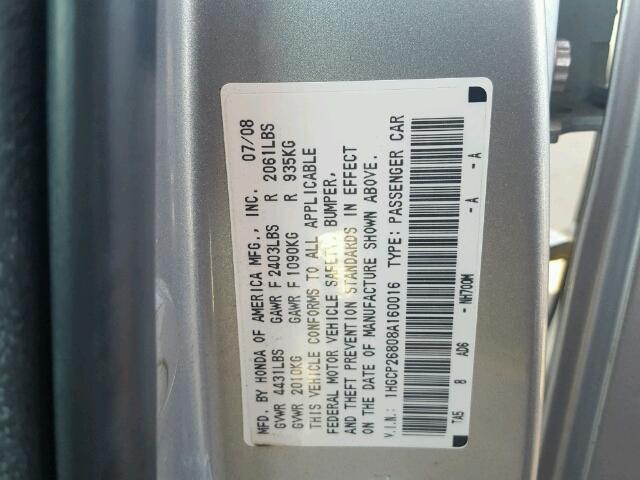 1HGCP26808A160016 - 2008 HONDA ACCORD EXL SILVER photo 10