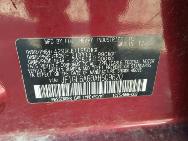 JF1GE6A60AH509620 - 2010 SUBARU IMPREZA 2. RED photo 10