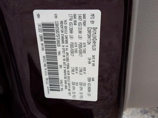 1D8HD58D75F530628 - 2005 DODGE DURANGO LI BURGUNDY photo 10