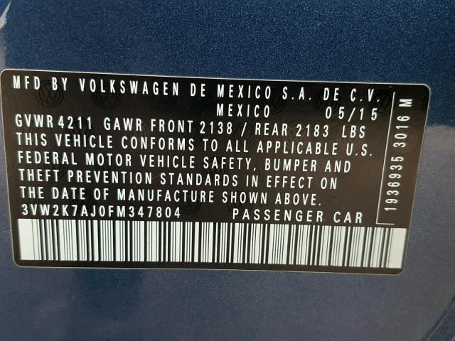 3VW2K7AJ0FM347804 - 2015 VOLKSWAGEN JETTA BASE 蓝色 照片 10