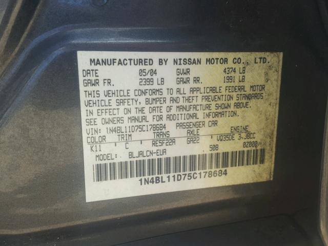 1N4BL11D75C178684 - 2005 NISSAN ALTIMA SE GRAY photo 10