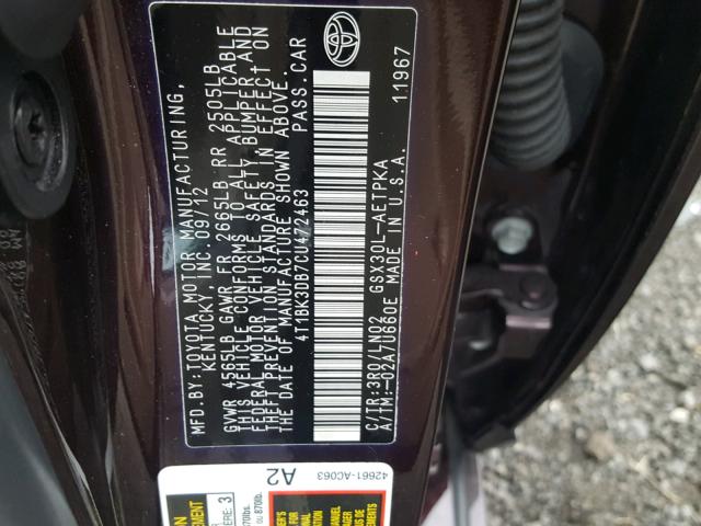 4T1BK3DB7CU472463 - 2012 TOYOTA AVALON BAS Марун фото 10