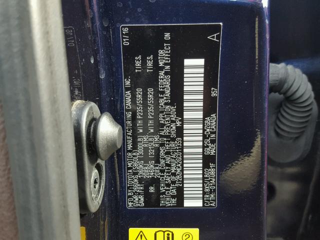 2T2BZMCA2GC011359 - 2016 LEXUS RX 350 BLUE photo 10