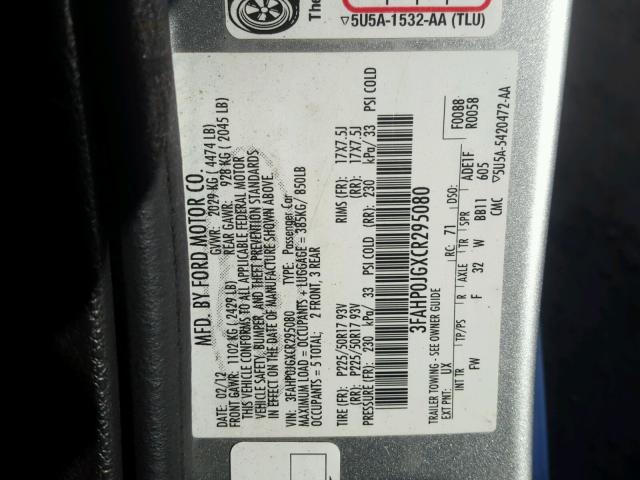 3FAHP0JGXCR295080 - 2012 FORD FUSION SEL SILVER photo 10