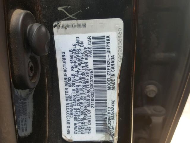 2T1KR32E53C073867 - 2003 TOYOTA COROLLA MA BLACK photo 10