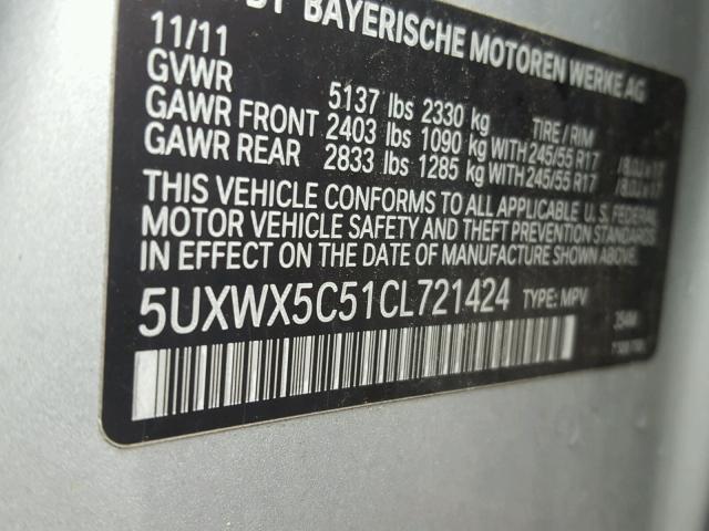 5UXWX5C51CL721424 - 2012 BMW X3 XDRIVE2 SILVER photo 10