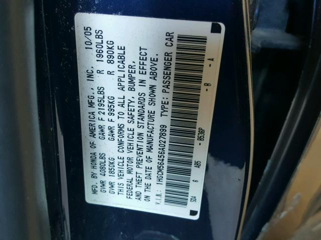 1HGCM56456A027899 - 2006 HONDA ACCORD LX BLUE photo 10