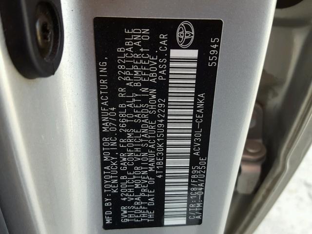 4T1BE30K15U942292 - 2005 TOYOTA CAMRY LE ვერცხლისფერი ფოტო 10