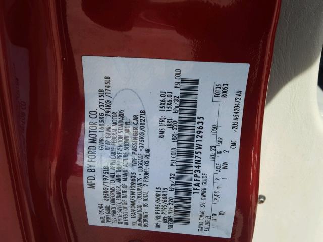 1FAFP34N75W129635 - 2005 FORD FOCUS ZX4 RED photo 10