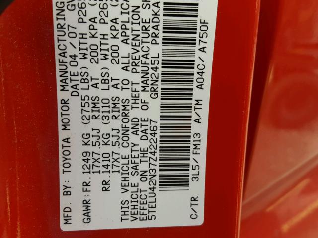 5TELU42N37Z422467 - 2007 TOYOTA TACOMA DOU RED photo 10