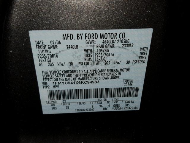 1FMYU941X6KC94983 - 2006 FORD ESCAPE LIM GRAY photo 10