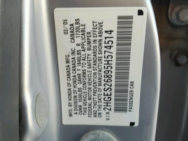 2HGES26895H574514 - 2005 HONDA CIVIC EX 银色 照片 10