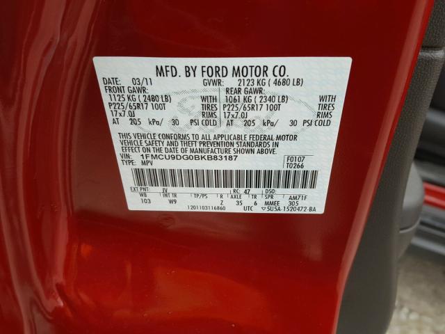 1FMCU9DG0BKB83187 - 2011 FORD ESCAPE XLT RED photo 10