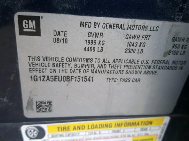 1G1ZA5EU0BF151541 - 2011 CHEVROLET MALIBU LS ლურჯი ფოტო 10