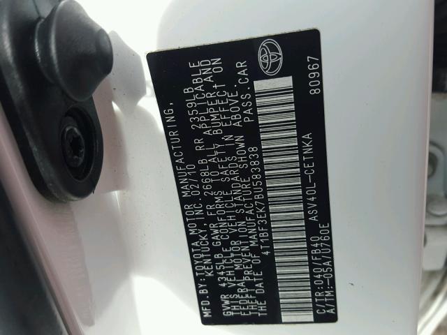 4T1BF3EK7BU583838 - 2011 TOYOTA CAMRY BASE WHITE photo 10