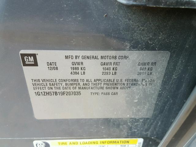 1G1ZH57B19F207035 - 2009 CHEVROLET MALIBU 1LT Szary zdjęcie 10