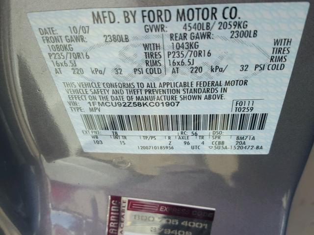 1FMCU92Z58KC01907 - 2008 FORD ESCAPE XLS GRAY photo 10