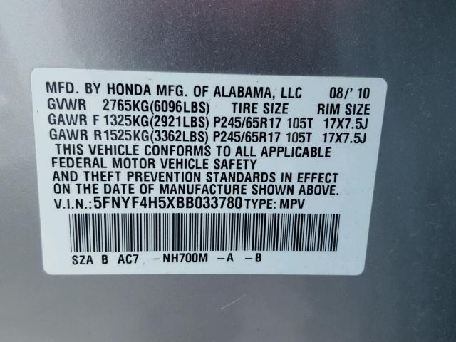 5FNYF4H5XBB033780 - 2011 HONDA PILOT EXL SILVER photo 10