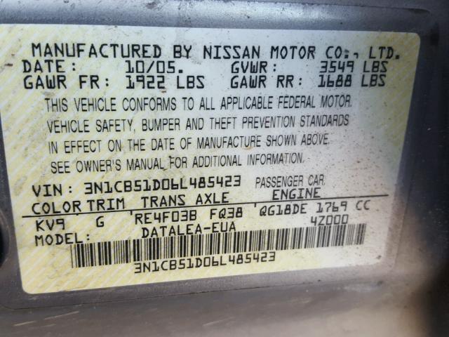 3N1CB51D06L485423 - 2006 NISSAN SENTRA 1.8 SILVER photo 10